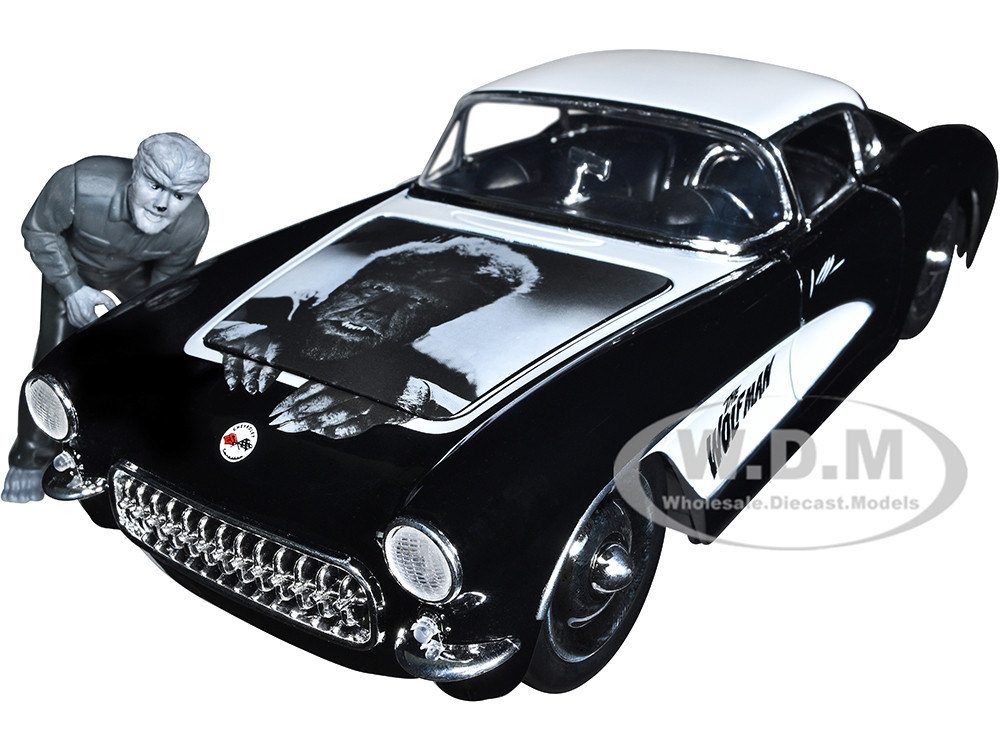 Jada 1:24 1957 Chevrolet Corvette Black with White Top and Wolfman Diecast Figure "Universal Monsters" "Hollywood Rides" Series 1/24 Diecast Model Car by Jada