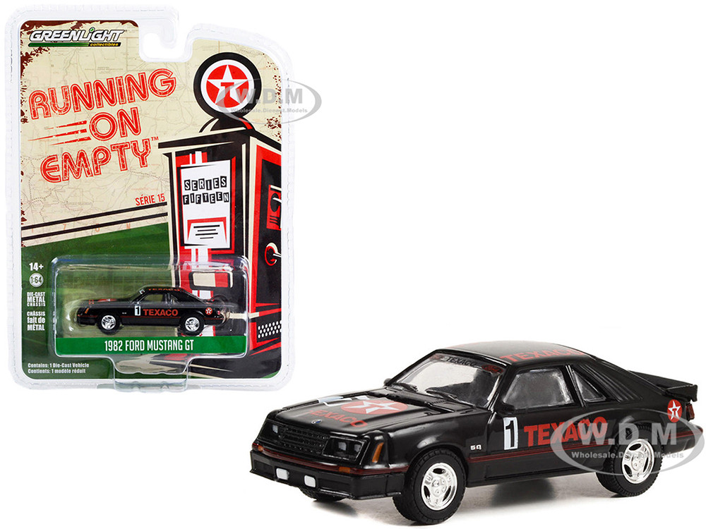Greenlight 1:64 1982 Ford Mustang GT #1 Black "Texaco" "Running on Empty" Series 15 1/64 Diecast Model Car by Greenlight