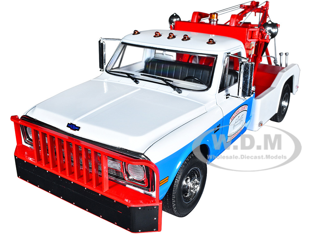 1969 Chevrolet C-30 Dually Wrecker Tow Truck White and Blue "Hazzard County Garage" 1/18 Diecast Model Car by Greenlight