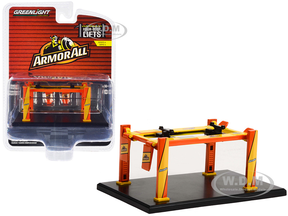 Greenlight 1:64 Adjustable Four-Post Lift "ArmorAll" Orange and Yellow "Four-Post Lifts" Series 4 1/64 Diecast Model by Greenlight