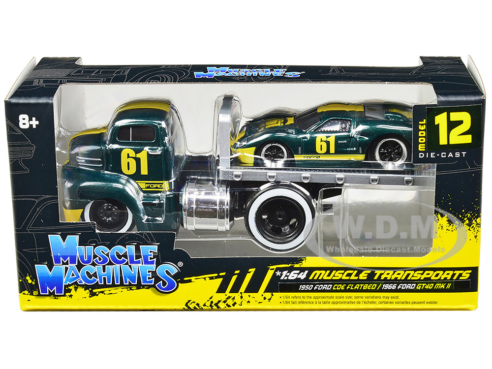 1950 Ford COE Flatbed Truck #61 and 1966 GT40 MK II #61 Stripes "Muscle Transports" Series Models Green 1:64 model Muscle Machines
