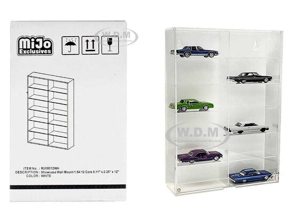 Other 1:64 Showcase 12 Car Display Case Wall Mount with White Back Panel "Mijo Exclusives" for 1/64 Scale Models