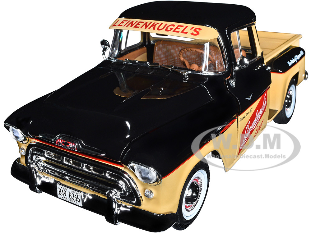 1957 Chevrolet 3100 Stepside Pickup Truck Black and Tan with Graphics "Leinenkugle's Beer The Pride of Chippewa Falls" 1/18 Diecast Model by Auto Worl