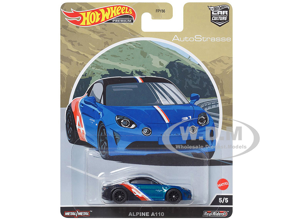 Hot Wheels Alpine A110 Blue Metallic and Black with Graphics "Auto Strasse" Series Diecast Model Car by Hot Wheels
