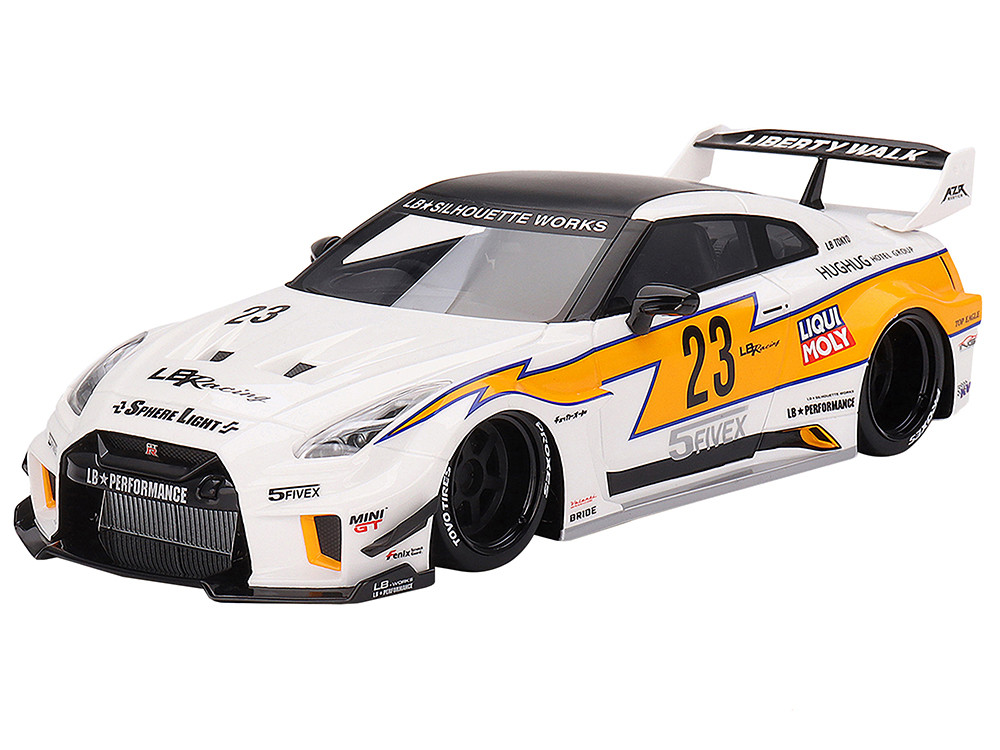 Nissan LB-Silhouette WORKS GT 35GT-RR Ver.1 RHD (Right Hand Drive) #23 White with Yellow Stripes "LB Racing" 1/18 Model Car by Top Speed