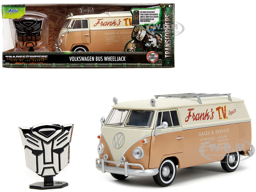 Jada 1:24 Volkswagen Bus "WheelJack" Tan and Beige "Frank's TV Repair" and Transformers Logo Diecast Statue "Transformers: Rise of the Beasts" (2023) Movie "Hol