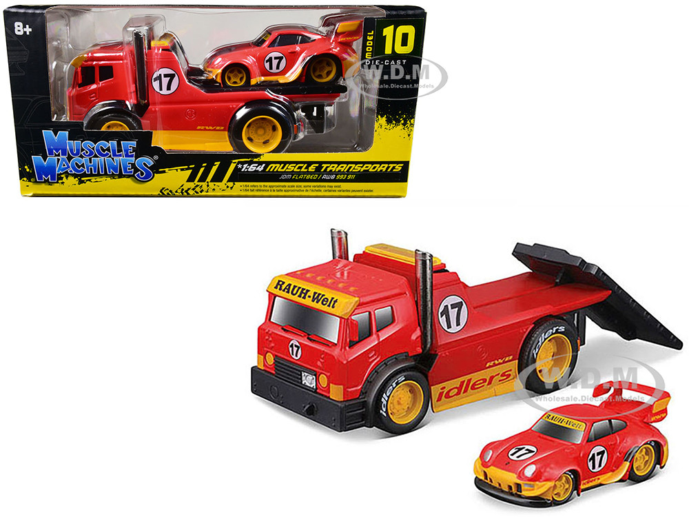 Muscle Machines 1:64 JDM Flatbed Truck #17 Red "RAUH-Welt BEGRIFF" and Porsche RWB 911 993 #17 Red "Muscle Transports" Series 1/64 Diecast Model Cars by Muscle Machines