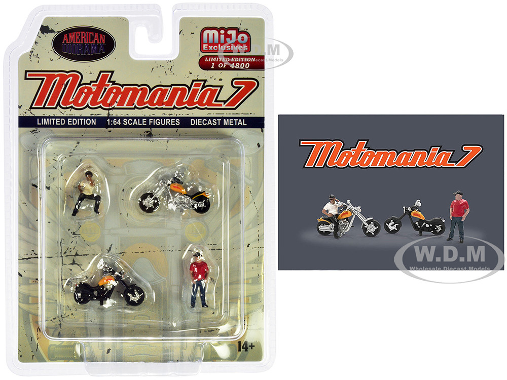 American Diorama 1:64 "Motomania 7" 4 piece Diecast Figure Set (2 Figures, 2 Motorcycles) Limited Edition to 4800 pieces Worldwide for 1/64 Scale Models by American Diorama