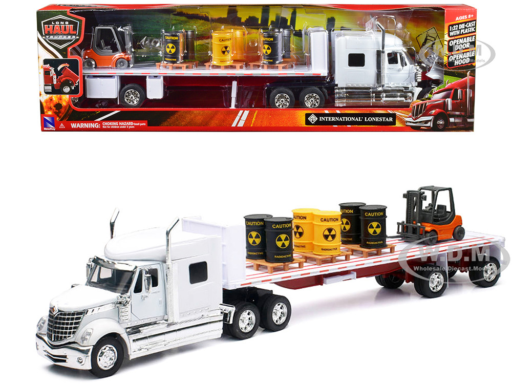 International Lonestar Flatbed Truck White with 6 Toxic Barrels, 3 Pallets and Forklift "Long Haul Trucker" Series 1/32 Diecast Model by New Ray