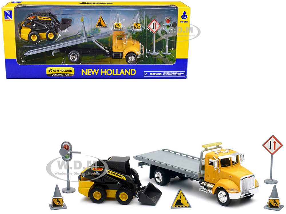 Peterbilt Roll-Off Flatbed Truck and New Holland L228 Skid Steer Road Signs "New Holland Construction" Series Yellow 1:43 diecast model New Ray