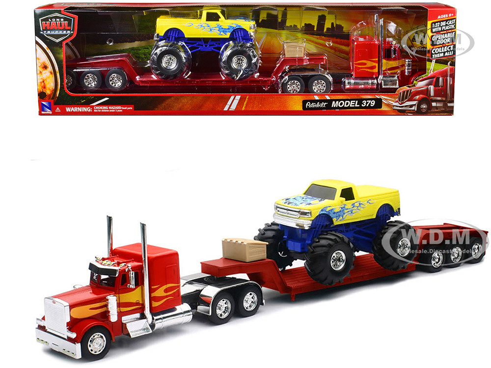 Peterbilt 379 Truck with Lowboy Trailer Red with Orange Flames and Monster Truck Yellow with Blue Flames "Long Haul Truckers" Series 1/32 Diecast Mode