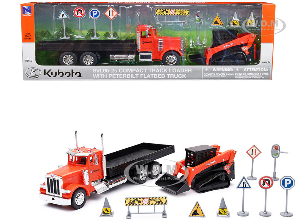 Peterbilt 379 Flatbed Truck and Kubota SVL 95-2S Track Loader Street Signs Models Orange 1:32 model New Ray