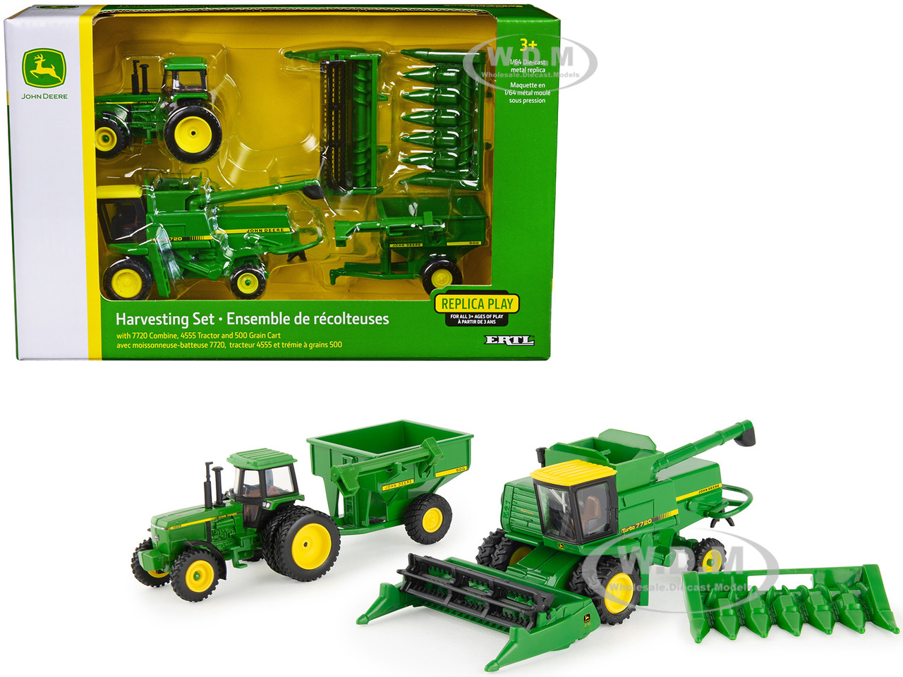 John Deere Harvesting Set of 3 pieces - 7720 Combine, 4555 Tractor and 500 Grain Cart 1/64 Diecast Models by ERTL TOMY