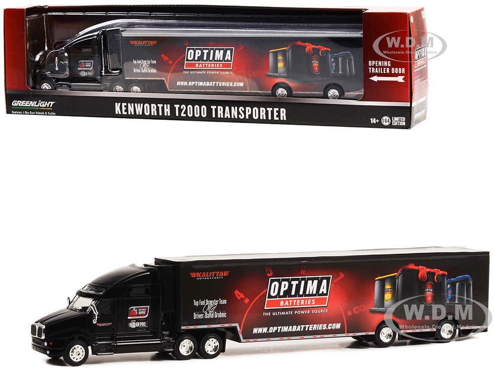 Greenlight 1:64 Kenworth T2000 Transporter Black "OPTIMA Batteries: The Ultimate Power Source" "Hobby Exclusive" Series 1/64 Diecast Model by Greenlight