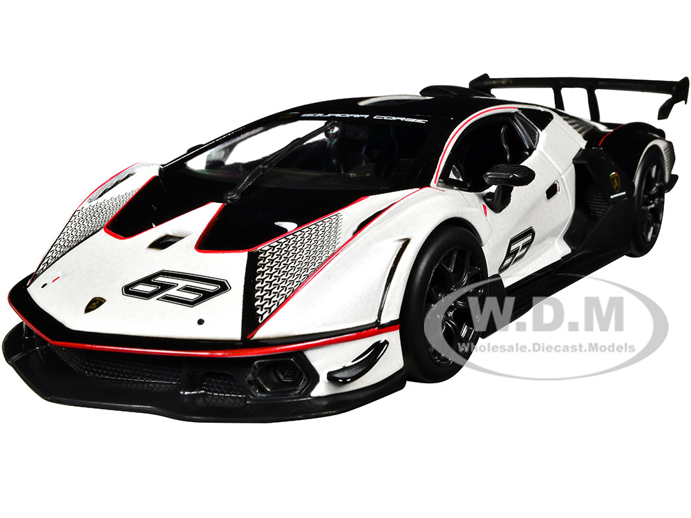 Bburago 1:24 Lamborghini Essenza SCV12 #63 White and Black "Squadra Corse" "Race" Series 1/24 Diecast Model Car by Bburago