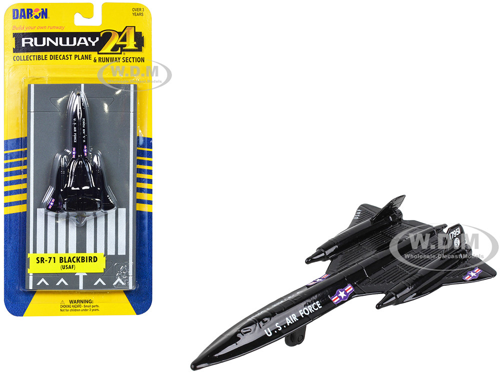 Runway24 Lockheed SR-71 Blackbird Aircraft Black "United States Air Force" with Runway Section Diecast Model Airplane by Runway24