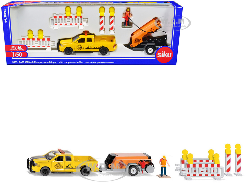 Siku 1:43 Ram 1500 Pickup Truck Yellow with Compressor Trailer and Worker Figure with Accessories Set 1/50 Diecast Models by Siku