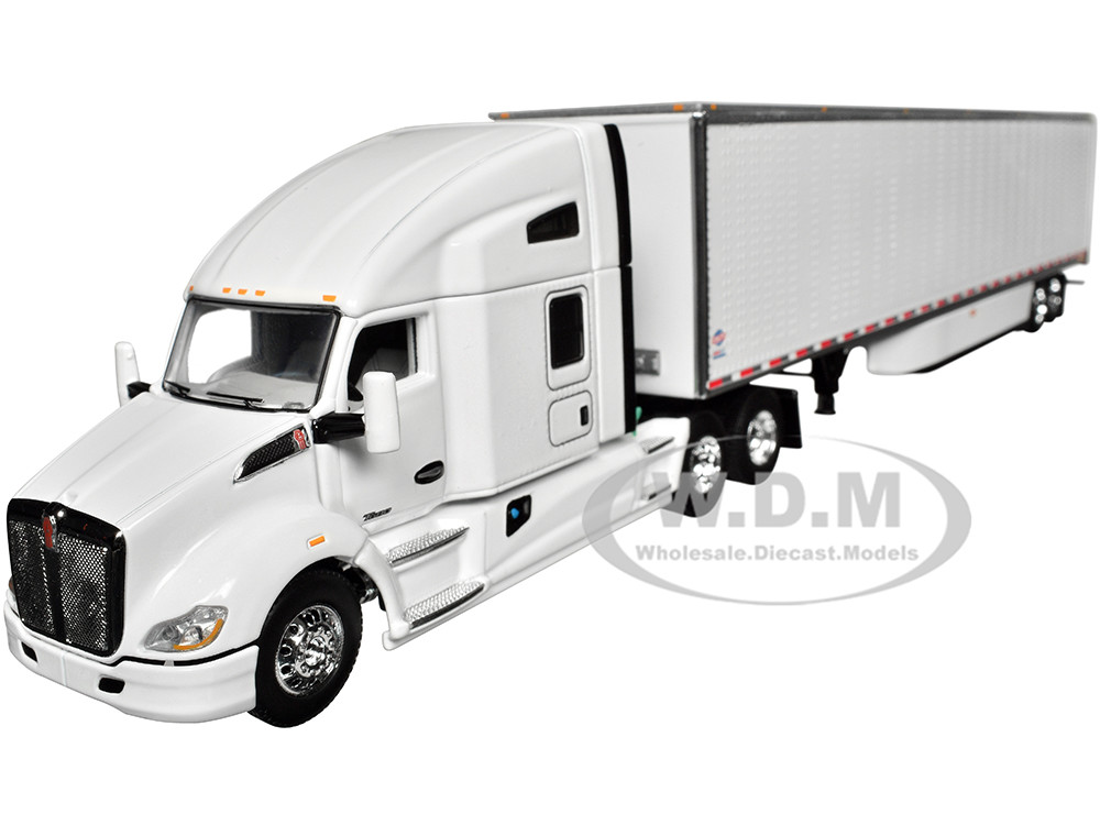 Kenworth T680 with 76" High Roof Sleeper and 53' Smooth Sided Dry Goods Trailer White 1/64 Diecast Model by DCP/First Gear
