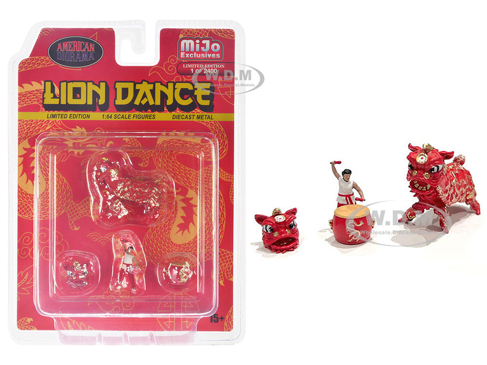 "Lion Dance" 4 piece Diecast Figure Set (1 Figures, 1 Lion, 2 Accessories) Limited Edition to 2400 pieces Worldwide for 1/64 Scale Models by American
