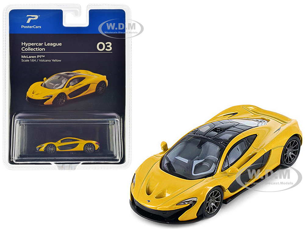 Postercars 1:64 McLaren P1 Volcano Yellow Metallic with Black Top "Hypercar League Collection" 1/64 Diecast Model Car by PosterCars