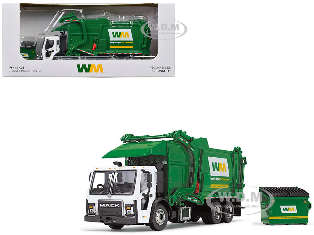 Mack LR Garbage Truck with McNeilus Meridian Front Load Refuse Body White and Green with Refuse Bin "Waste Management" 1/64 Diecast Model by First Gea