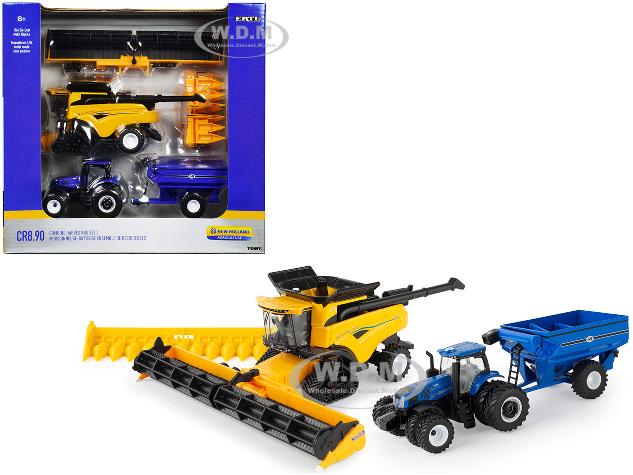 New Holland T8.410 Genesis Tractor Blue with J&M Grain Car and New Holland CR8.90 Combine Yellow Set of 3 pieces "New Holland Agriculture" Series 1/64