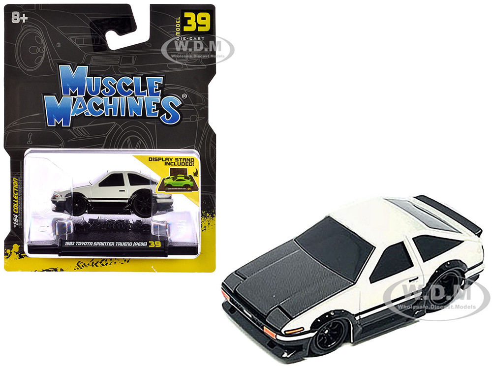Muscle Machines 1:64 1983 Toyota Sprinter Trueno (AE86) White with Carbon Hood 1/64 Diecast Model Car by Muscle Machines
