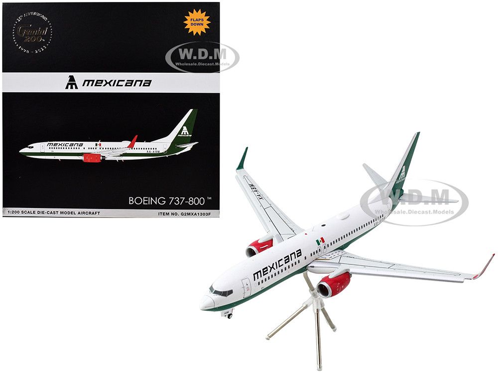 Boeing 737-800 Commercial Aircraft with Flaps Down "Mexicana" (XA-ASM) White with Green Stripes "Gemini 200" Series 1/200 Diecast Model Airplane by Ge