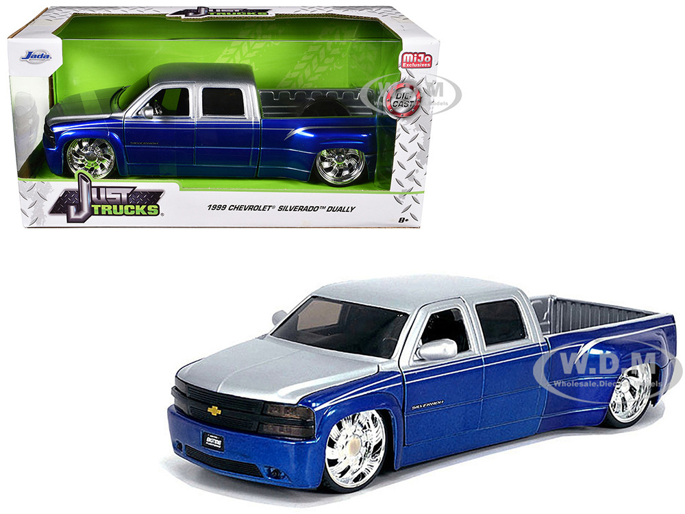 Jada 1:24 1999 Chevrolet Silverado Dually Pickup Truck Blue Metallic and Silver with Custom KMC Wheels "Just Trucks" Series 1/24 Diecast Model Car by Jada