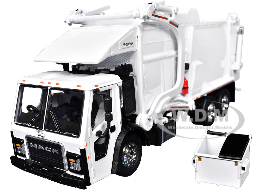 Mack LR Refuse Garbage Truck with McNeilus Meridian Front Loader White with Trash Bin 1/64 Diecast Model by DCP/First Gear