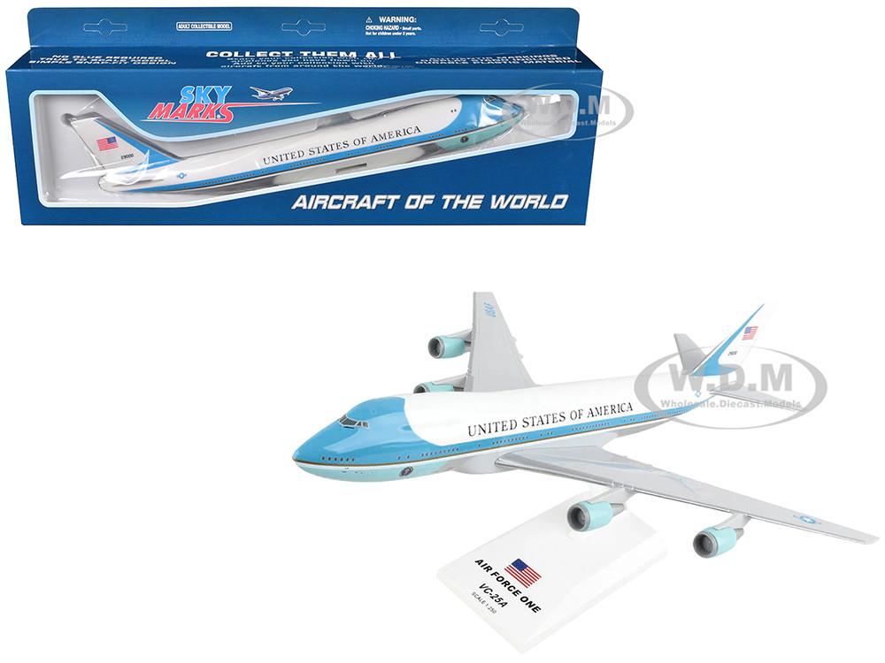 Boeing VC-25A Transport Aircraft "Air Force One - United States of America" (29000) White with Blue Stripes (Snap-Fit) 1/250 Plastic Model by Skymarks
