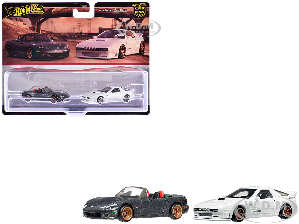 Hot Wheels Mazda Mazdaspeed Miata Gray Metallic and Mazda RX7 FC Pandem White "Car Culture" Set of 2 Cars Diecast Model Cars by Hot Wheels