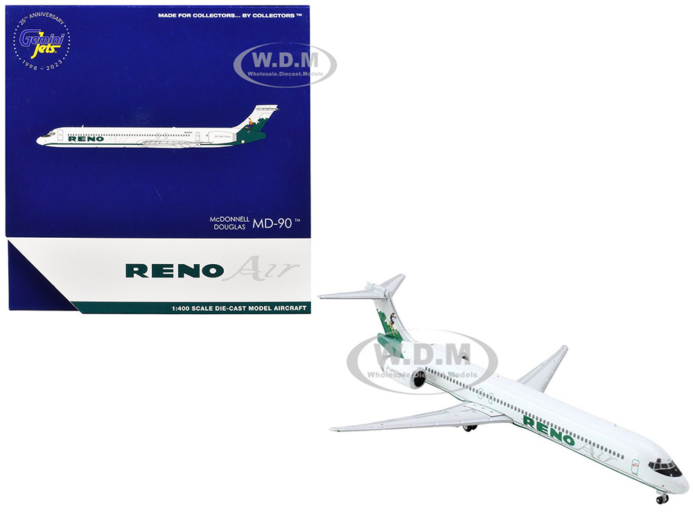 McDonnell Douglas MD-90 Commercial Aircraft "Reno Air" (N905RA) White with Green Tail 1/400 Diecast Model Airplane by GeminiJets