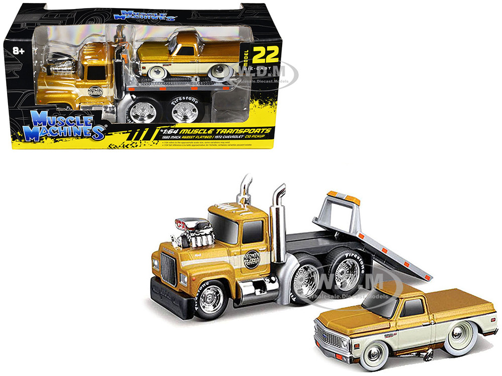 Muscle Machines 1:64 1980 Mack A685ST Flatbed Truck Gold Metallic with Beige Stripes "Madman Garage" and 1972 Chevrolet C10 Pickup Truck Gold Metallic and Beige "Muscle Tr