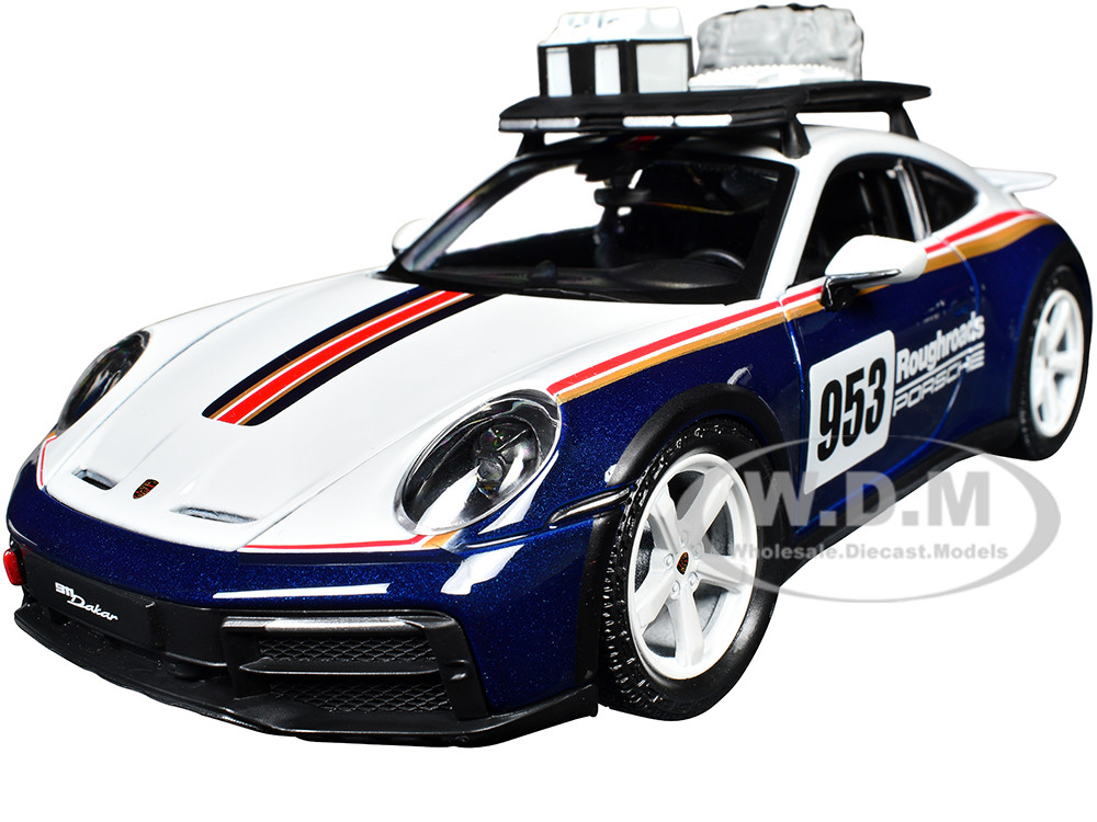 Porsche 911 Dakar #953 "Roughroads " and Stripes and Roof Rack "Race" Series White 1:24 model Bburago