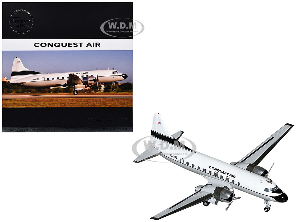 Convair C-131 Commercial Aircraft "Conquest Air Cargo" (N342GS) White with Black Tail Stripes "Gemini 200" Series 1/200 Diecast Model Airplane by Gemi