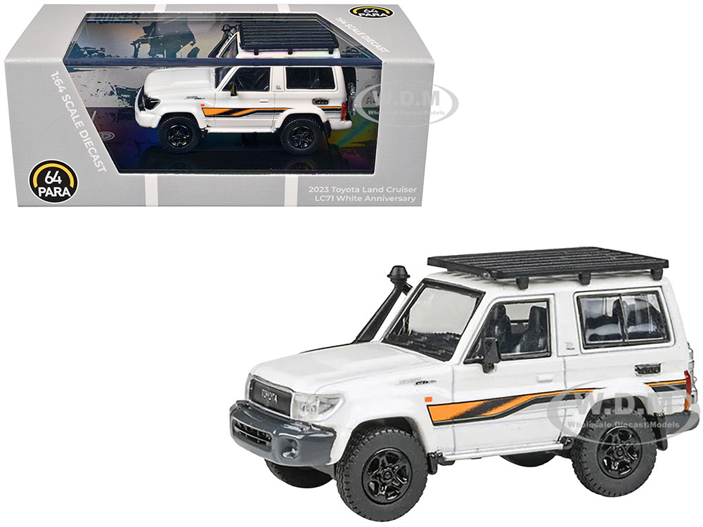 Paragon Models 1:64 2023 Toyota Land Cruiser 71 White "70th Anniversary" with Stripes and Roofrack 1/64 Diecast Model Car by Paragon Models