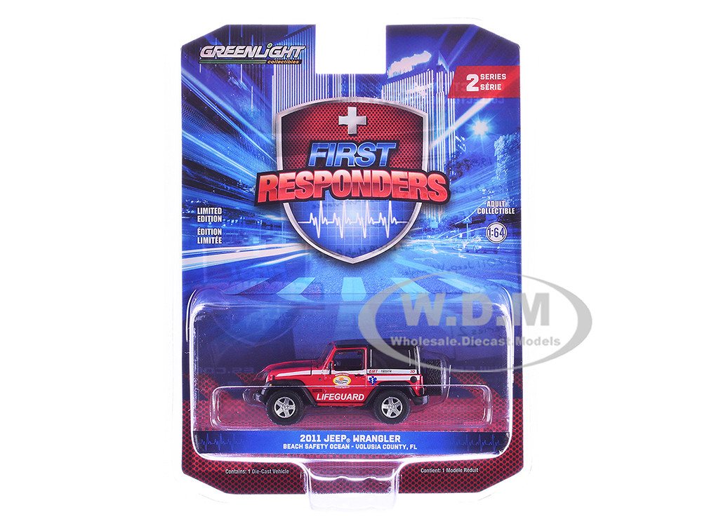 2011 Jeep Wrangler "Volusia County Florida Beach Safety Ocean Rescue Lifeguard/EMT" Stripes "First Responders" Series 2 White 1:64 model Greenlight