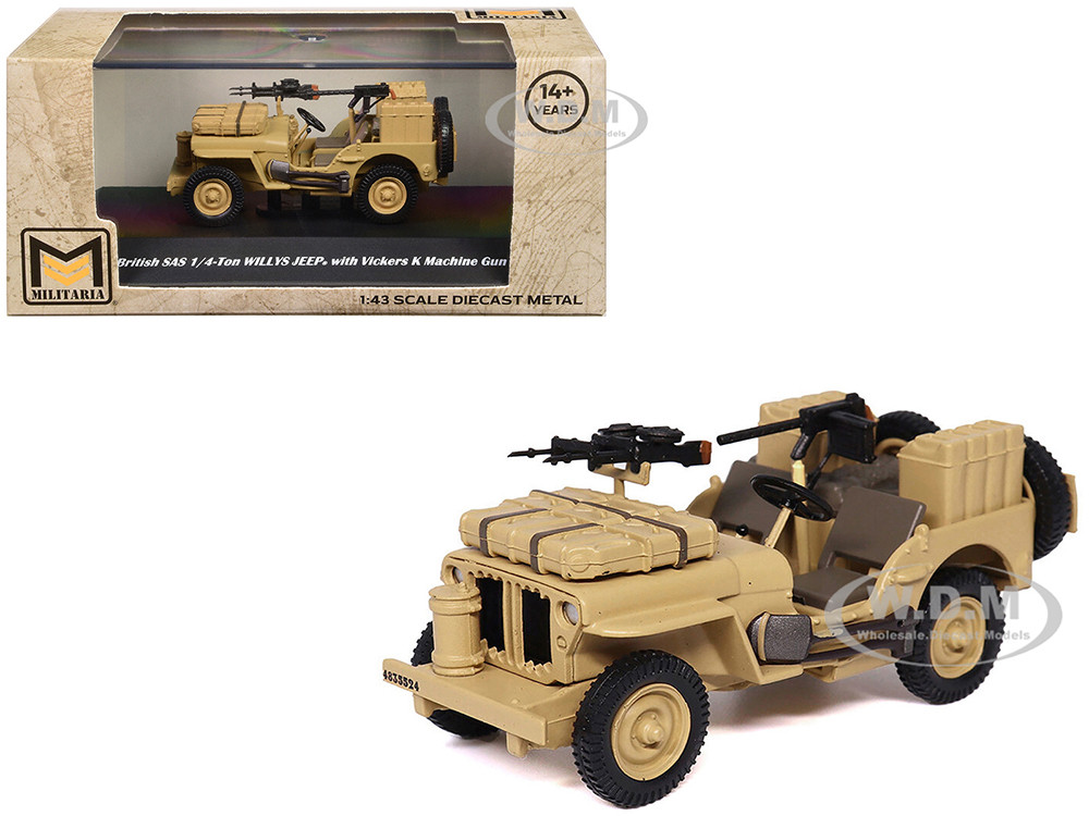 British SAS 1/4-Ton Willys Jeep with Vickers K Machine Gun Desert Sand "British Royal Army" 1/43 Diecast Model by Militaria Die Cast