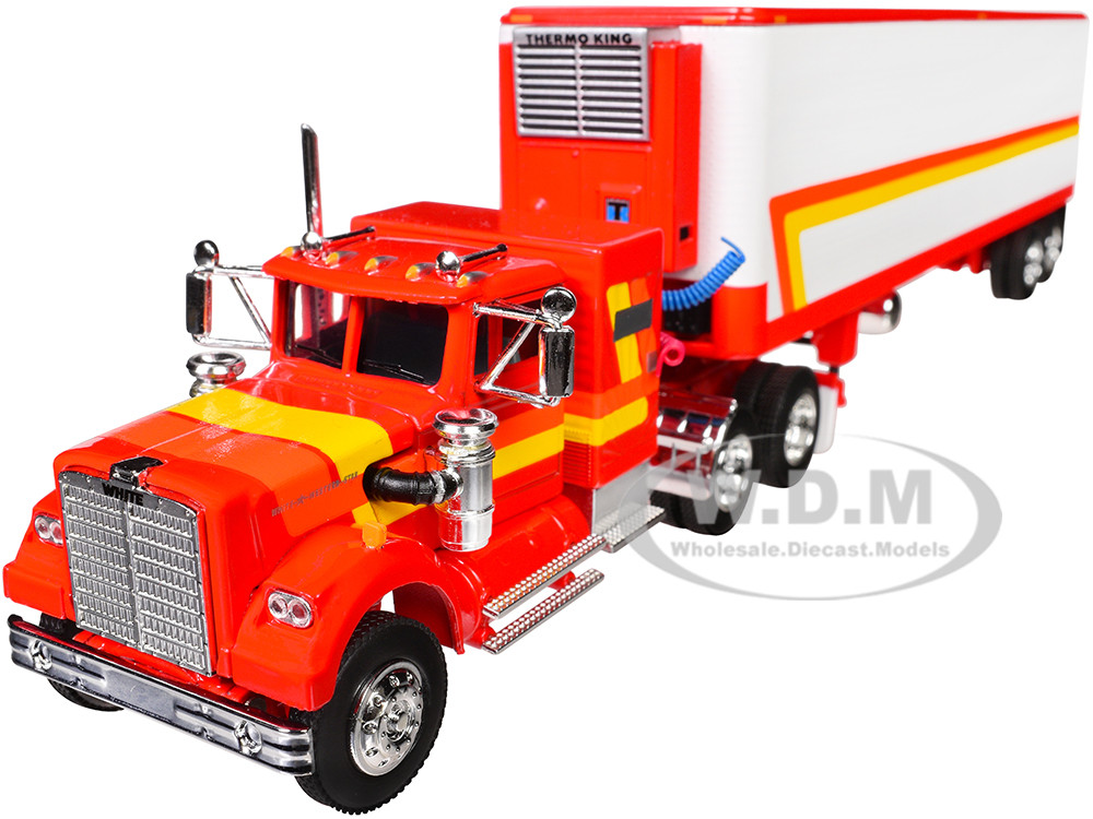 White Western Star 4900 with 36" Vintage Flat Top Sleeper and Wilson 40' Vintage Refridgerated Trailer Red and White with Stripes 1/64 Diecast Model b