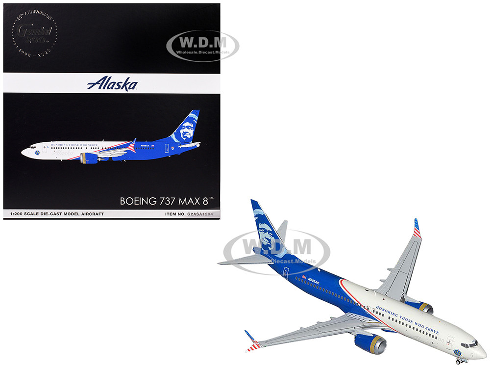 Boeing 737 MAX 8 Commercial Aircraft "Alaska Airlines - Honoring Those Who Serve" (N806AK) White and Blue "Gemini 200" Series 1/200 Diecast Model Airp