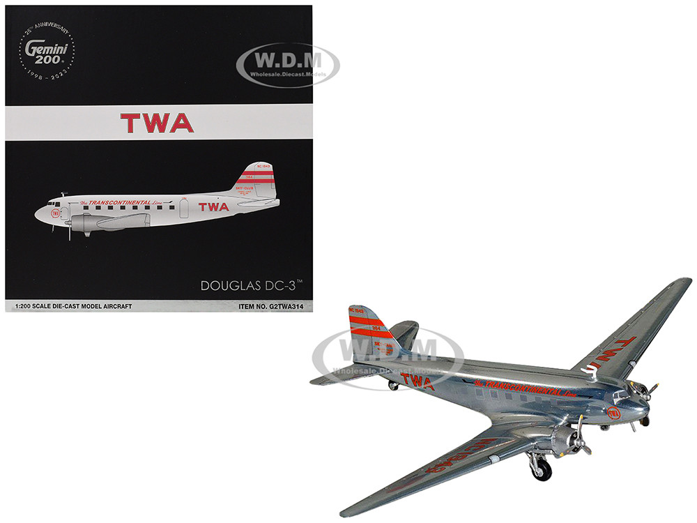 Douglas DC-3 Commercial Aircraft "TWA (Trans World Airlines)" (NC1943) Polished Metal Finish with Red Tail Stripes "Gemini 200" Series 1/200 Diecast M
