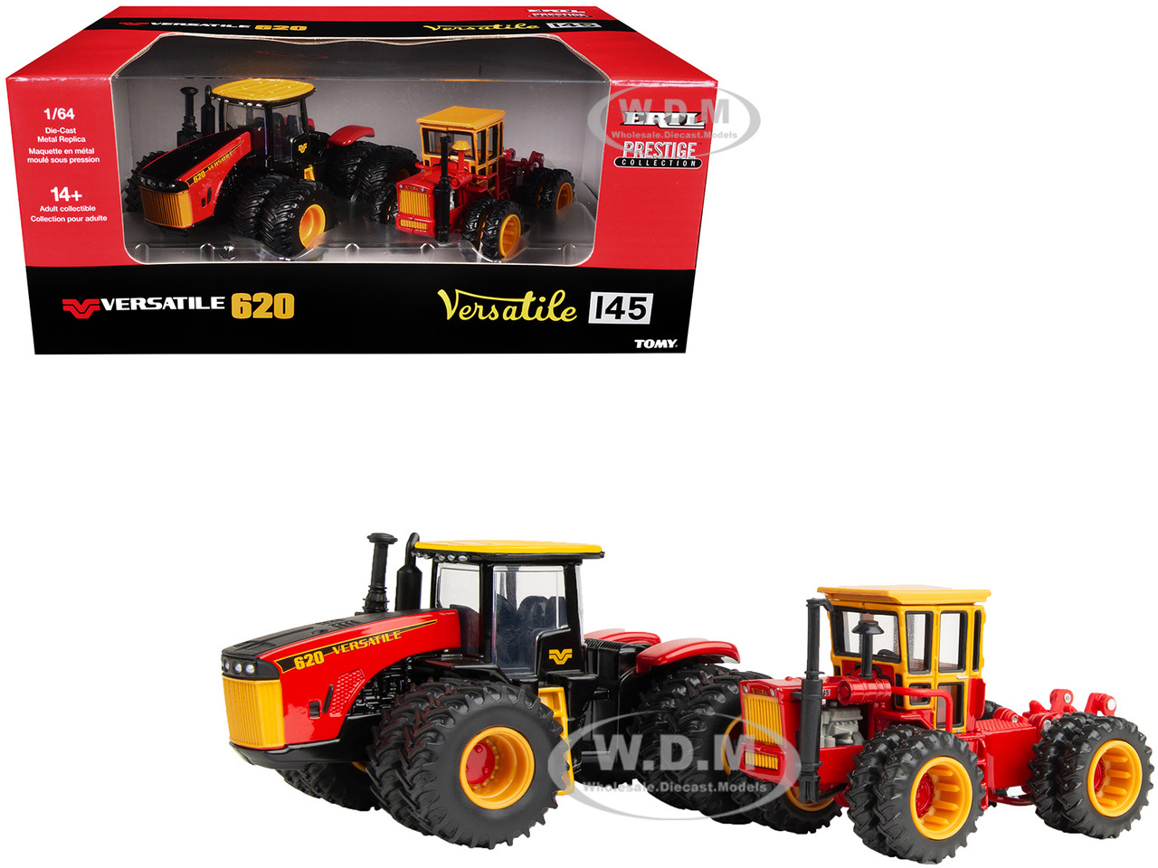 Versatile 620 Tractor Black and Red with Yellow Top and Versatile 145 Tractor Red with Yellow Cabin Set of 2 Tractors "Prestige Collection" 1/64 Dieca