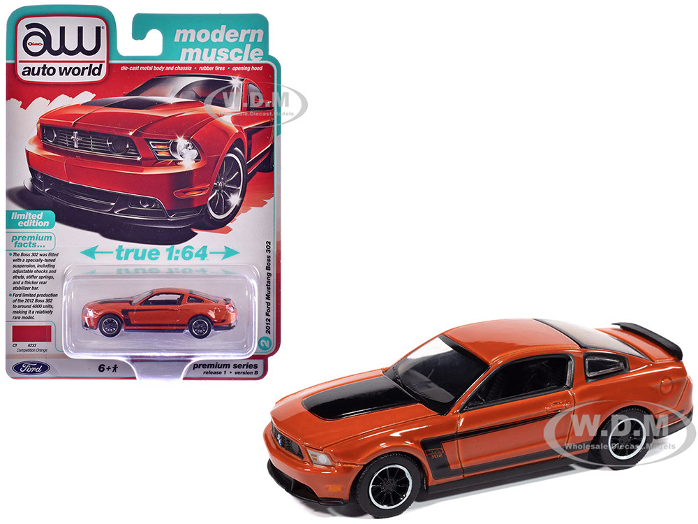 Auto World 1:64 2012 Ford Mustang Boss 302 Competition Orange with Black Accents "Modern Muscle" Series 1/64 Diecast Model Car by Auto World