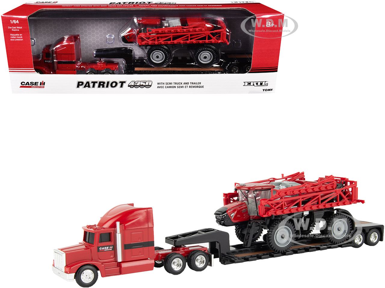Semi Truck Red with Flatbed Trailer and Case IH Patriot 4350 Sprayer Red "Case IH Agriculture" Series 1/64 Diecast Models by ERTL TOMY