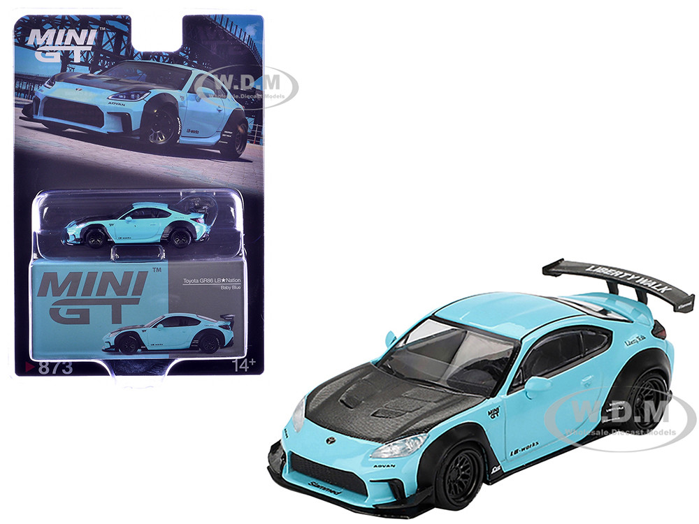 Mini GT 1:64 Toyota GR86 "LB-Nation - Liberty Walk" Baby Blue with Carbon Hood Limited Edition 1/64 Diecast Model Car by Mini GT