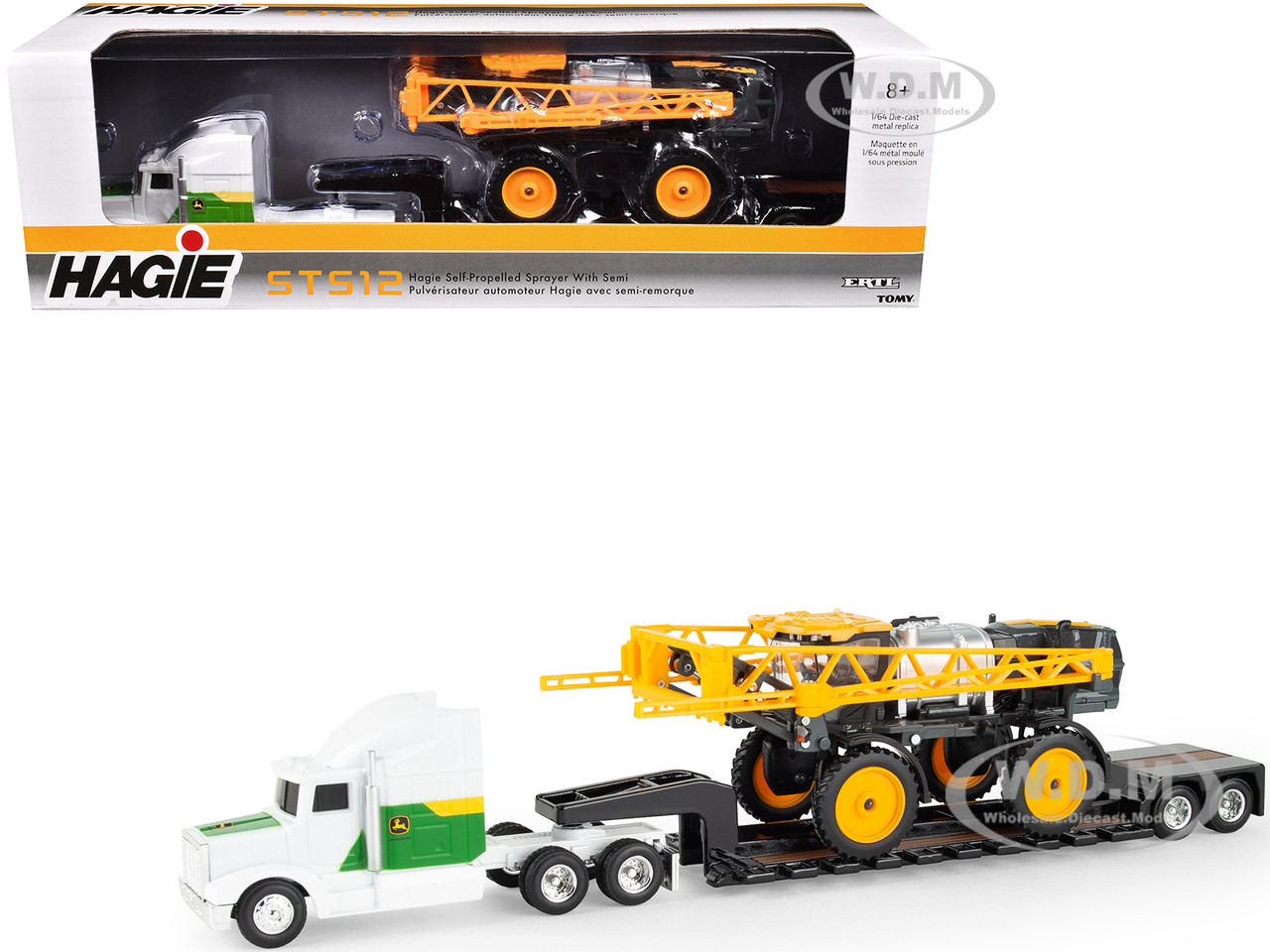 Semi Truck "John Deere" White and Green with Flatbed Trailer and Hagie STS12 Sprayer Yellow 1/64 Diecast Models by ERTL TOMY
