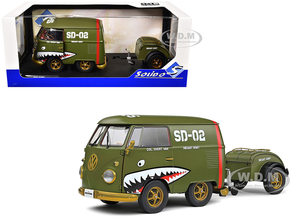 1950 Volkswagen Kool Kombi Van with Trailer "Army Fighter" Green with Graphics 1/18 Diecast Model Car by Solido