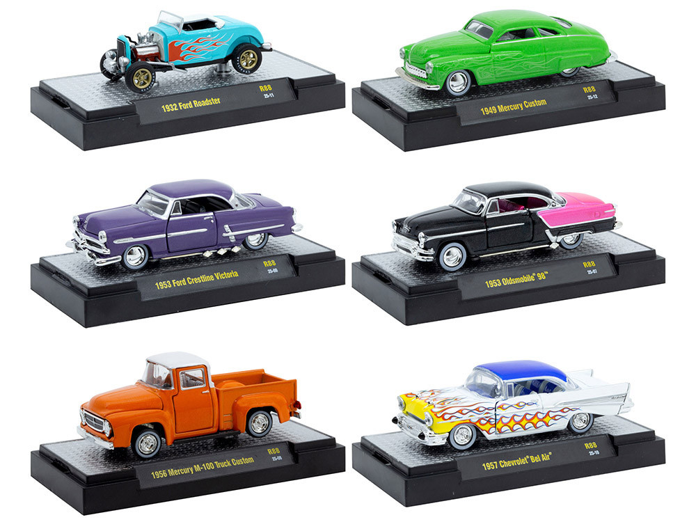 "Auto Meets" Set of 6 Cars IN DISPLAY CASES Release 88 Limited Edition 1/64 Diecast Model Cars by M2 Machines