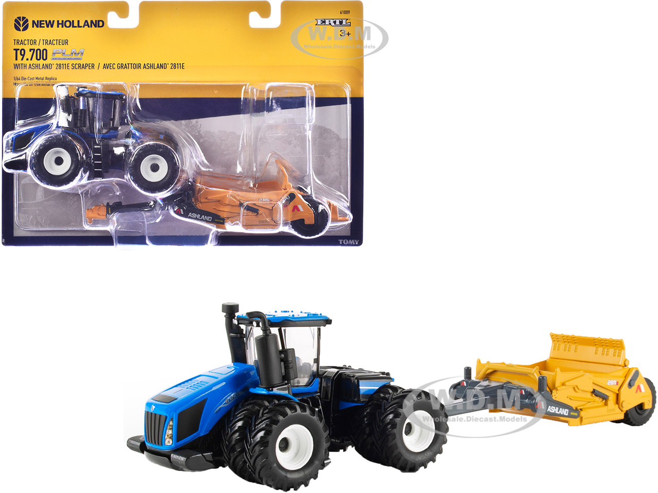 New Holland T9.700 Tractor Blue with Ashland 2811E Scraper Yellow 1/64 Diecast Model by ERTL TOMY